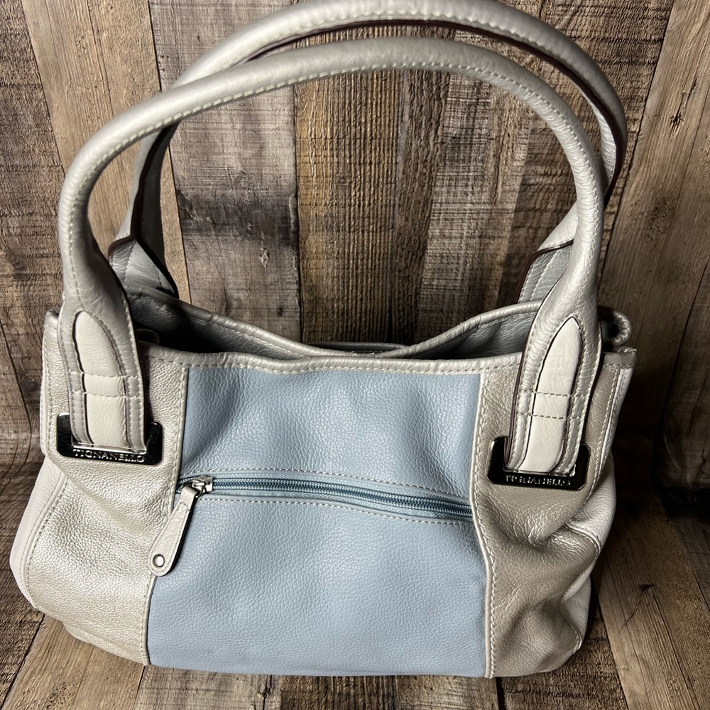TIGNANELLO Silver Blue Colorblock Leather Satchel Shoulder Bag Belt Accents - Picture 7 of 16